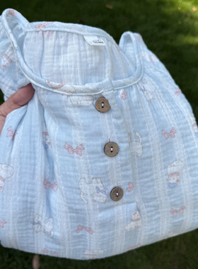 米图A类婴儿棉100%纯棉纱家居服少女甜美睡衣短袖长睡裙夏季薄款
