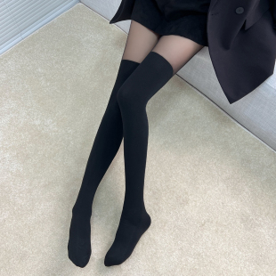 加长女黑白色 袜春秋长筒大码 米图日系拼接丝袜薄款 假高筒大腿连裤