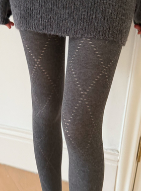 【镂空格纹】米图氛围感灰色连裤袜女秋冬柔棉菱格打底袜子黑白色