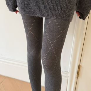 袜女秋冬柔棉菱格打底袜子黑白色 米图氛围感灰色连裤 镂空格纹