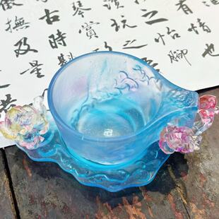 东魅国色天香琉璃杯蓝紫渐变牡丹琉璃咖啡杯古法琉璃桌面摆件礼品