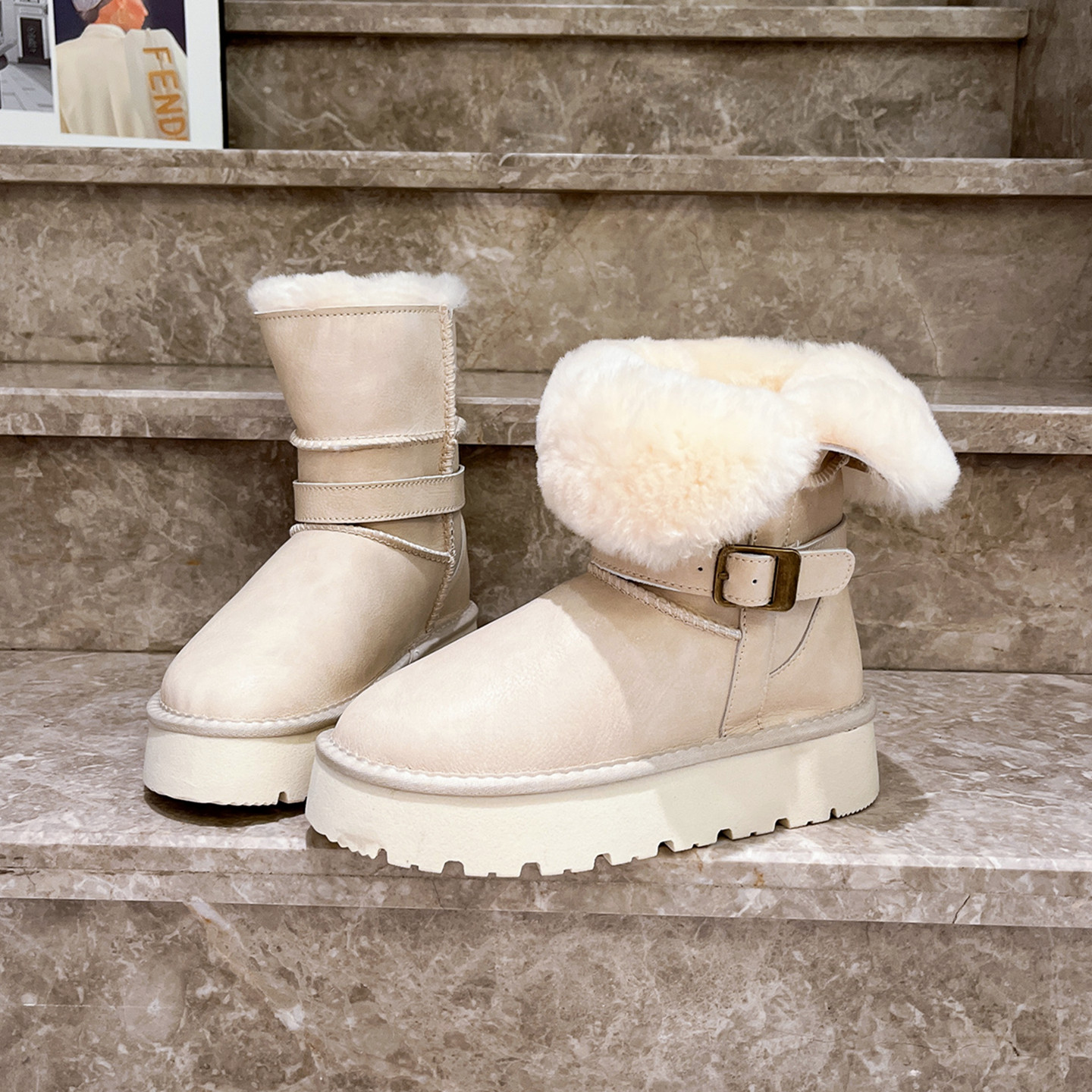 牛皮羊毛版~2025冬新款真皮羊毛翻领两穿骑士雪地棉靴平底鞋女鞋