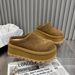 羊毛垫一脚蹬包头拖鞋女2024秋冬新款翻毛皮超轻厚底松糕毛毛鞋潮