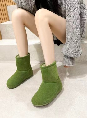 真皮羊羔毛新款绿色丑萌大头雪地靴短筒极光泰迪毛加绒保暖短靴女