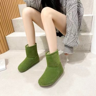 真皮羊羔毛新款 绿色丑萌大头雪地靴短筒极光泰迪毛加绒保暖短靴女
