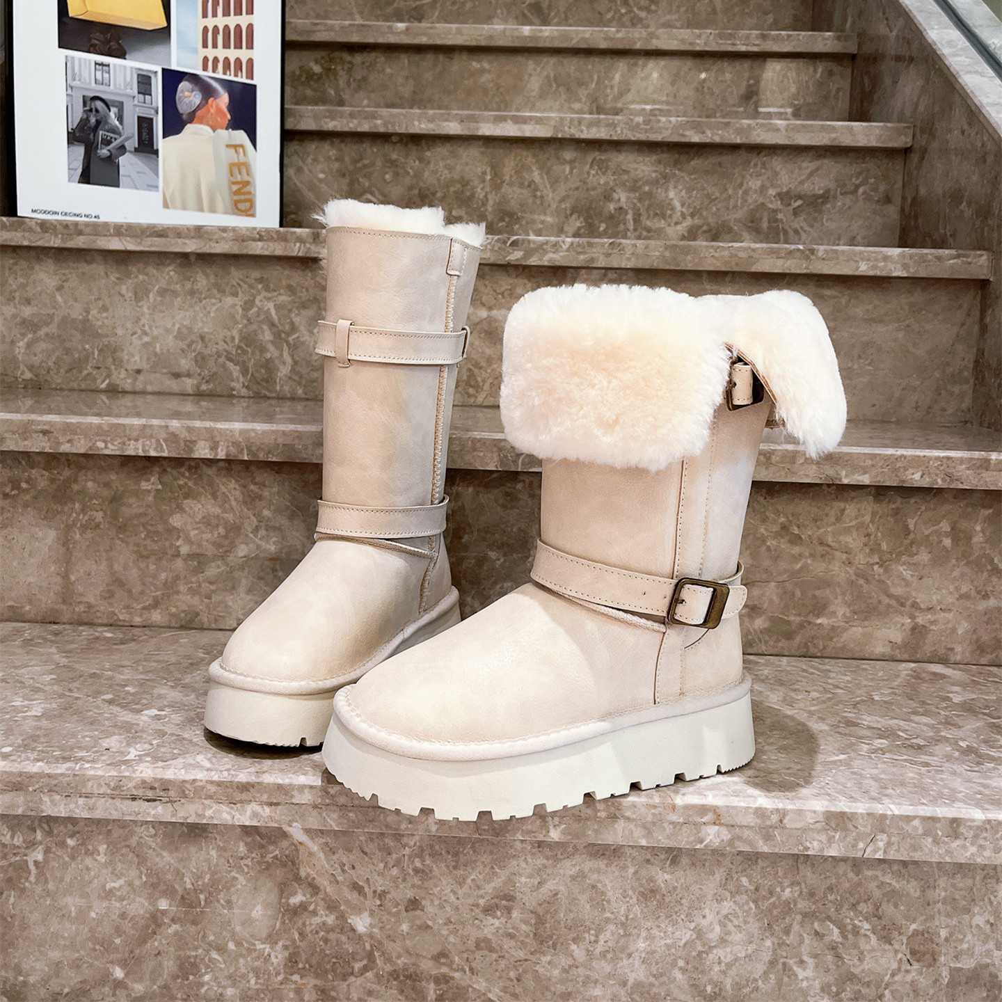 真皮羊毛毛鞋翻领两穿骑士靴长筒靴厚底松糕雪地棉靴小个子女鞋潮