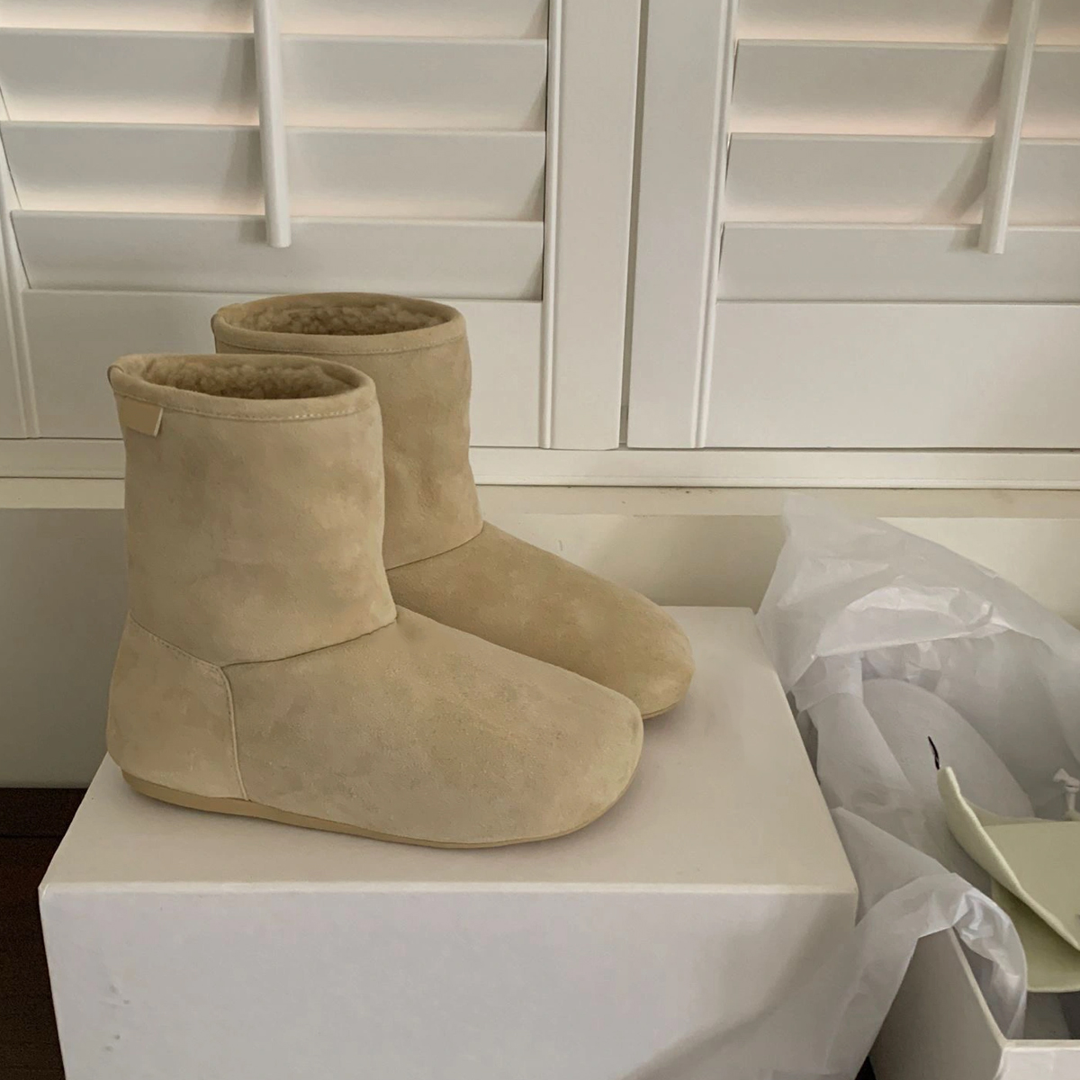 牛皮版~大头丑萌加绒雪地靴平底毛毛靴女勃肯靴保暖棉鞋复古短靴