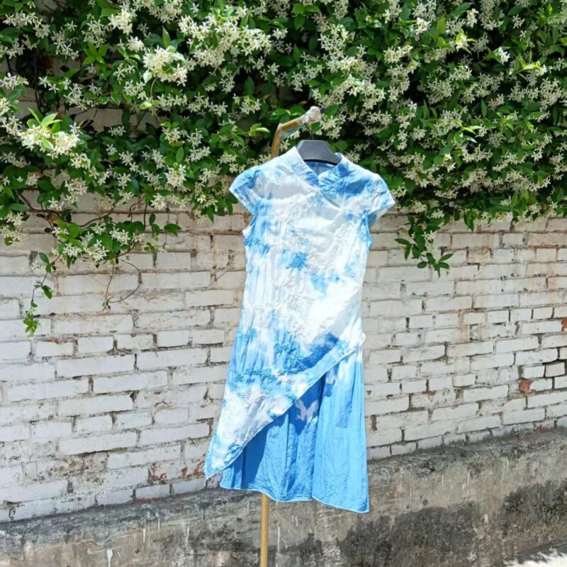 夏云南民族风手工扎染连衣裙立体剪裁合体儿童裙蓝白棉麻舒适长裙