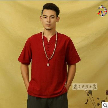 Nation Chinese style Cotton and hemp clothes man Cotton and hemp V-neck Short sleeved T-shirt Men's Thin section Self cultivation jacket Daliin the Men's clothing, T-shirt  category - from Buy2taobao.com to provide professional Taobao agent buy service