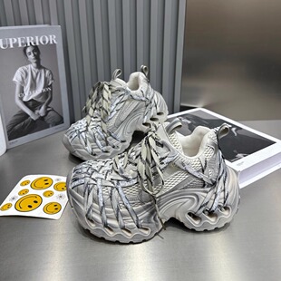 新款 2025秋季 镂空厚底运动鞋 女鞋 热门爆款 显脚小休闲鞋 绑带老爹鞋