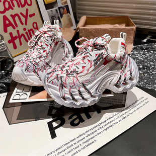 小个子7cm女鞋 运动鞋 做旧擦色绑带蜘蛛侠厚底松糕老爹鞋 2025新款