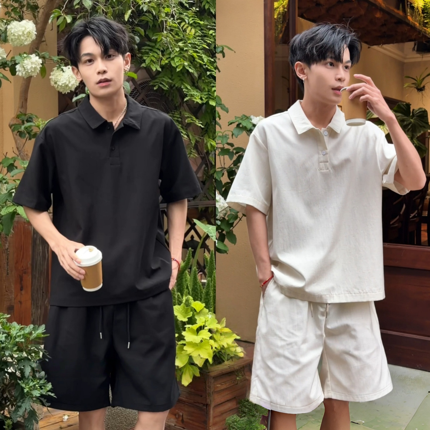 春夏季新款男士短袖短裤两件套新款轻奢老钱风极简高级感休闲套装