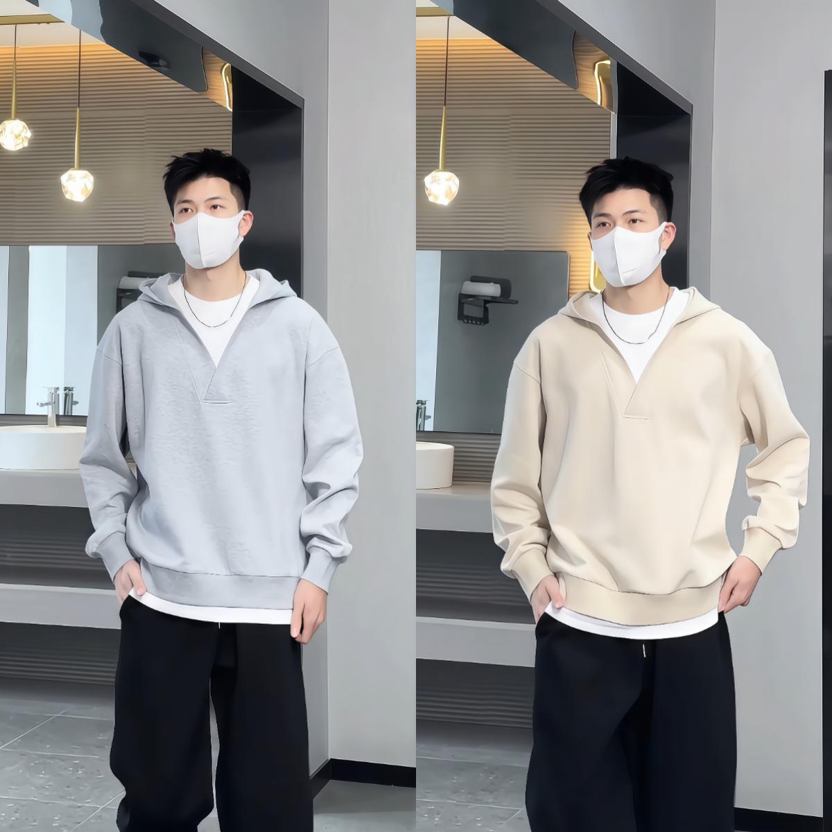 【春季新品】假两件设计套头长袖V领连帽卫衣情侣款休闲宽松百搭