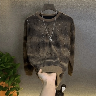 百搭上衣男 T恤圆领潮流时尚 休闲卫衣男春季 轻奢满天星设计长袖