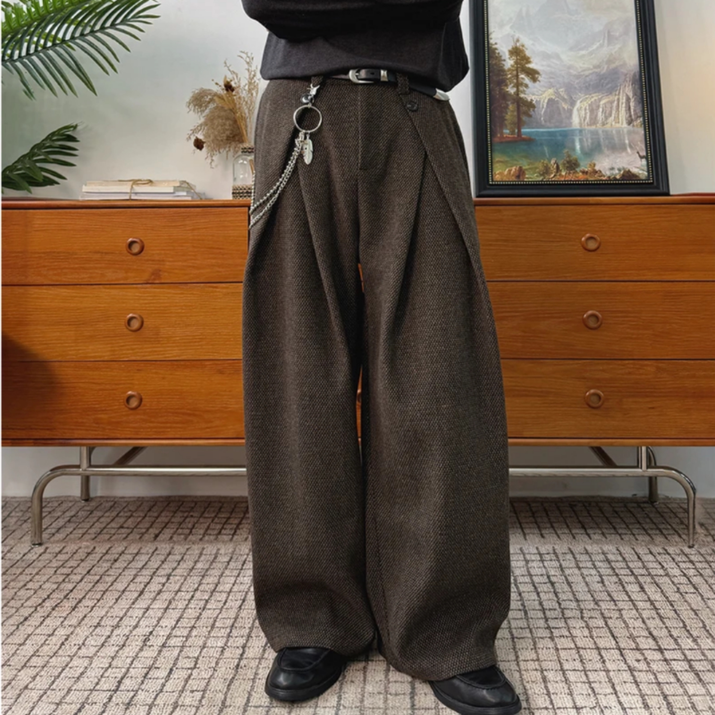 加厚裤子冬季老钱风复古A字打褶直筒西裤百搭男士时尚阔腿休闲裤