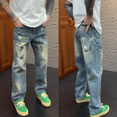 复古做旧泼墨手绘男士直筒牛仔裤