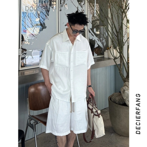 直播间同款夏季新款老钱风休闲短袖衬衫休闲薄款短裤高级感套装男