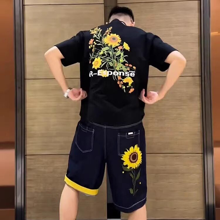 夏季新款紫外线光变向日葵绣花短袖T恤休闲牛仔短裤男女同款套装
