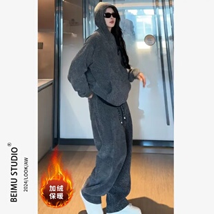 休闲 高克重连帽套头银丝斜休闲条纹加绒卫衣套装 2025秋季 男女同款