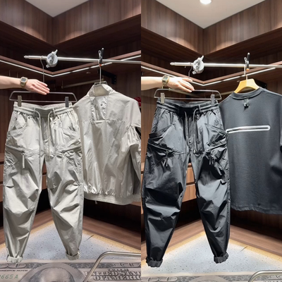 欧洲站早秋潮牌时尚百搭拉链拼接设计款男士休闲裤舒适透气束脚裤