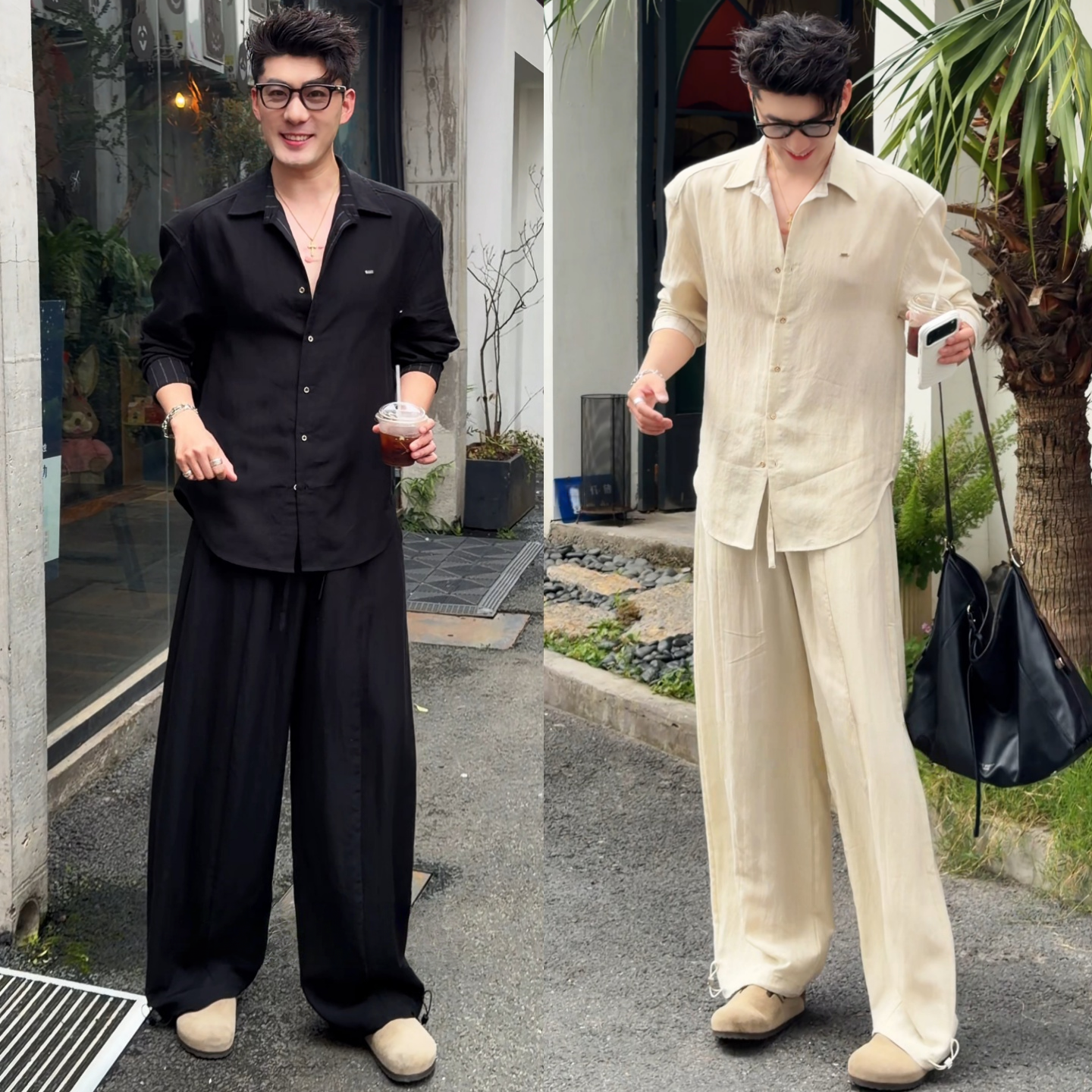 夏季简约通勤长袖衬衫长裤套装男