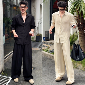 夏季简约通勤长袖衬衫长裤套装男