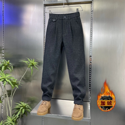 冬季男士条纹加绒加厚休闲裤