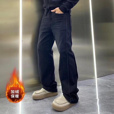 冬季立体裁剪加绒直筒水洗牛仔裤