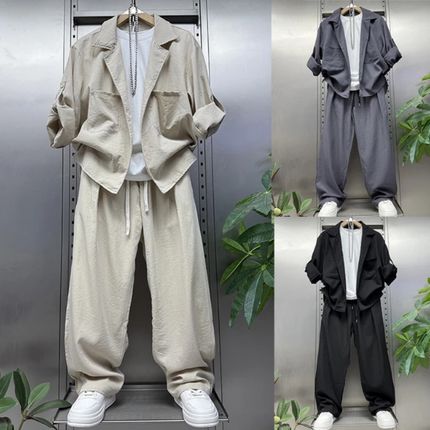 夏季薄款商务休闲七分袖直筒休闲运动两件套宽松西服领通勤套装男