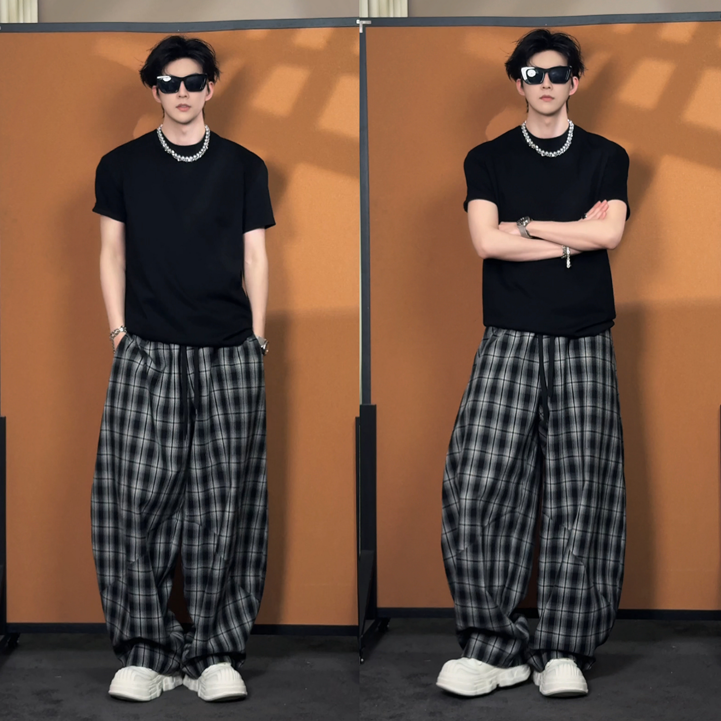 松弛感黑白格纹休闲裤春季新品男士时尚百搭潮流美式慵懒直筒长裤