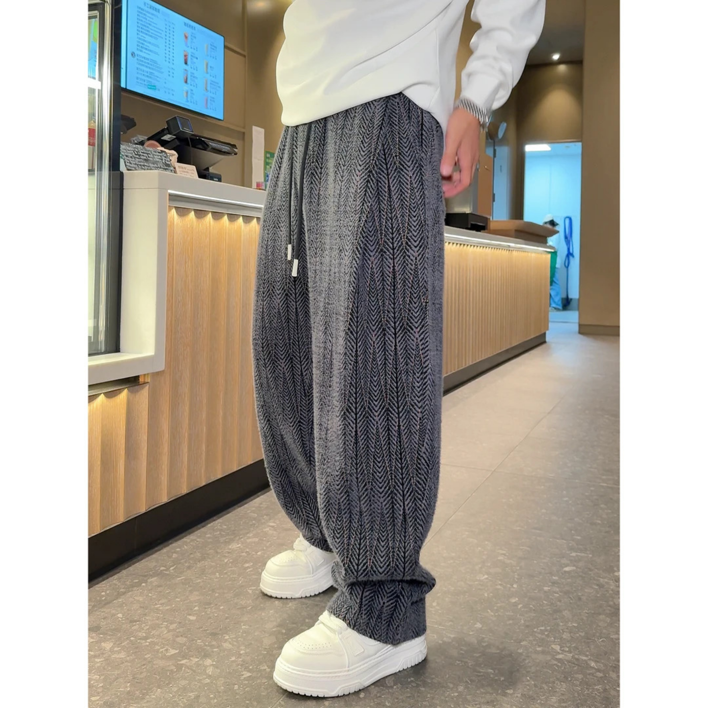 复古条纹风毛感阔腿裤男款