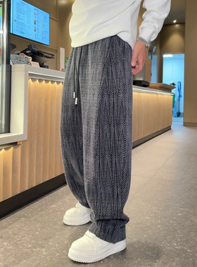 直播间同款复古条纹风毛感阔腿裤男款秋季潮牌时尚阔腿裤休闲长裤