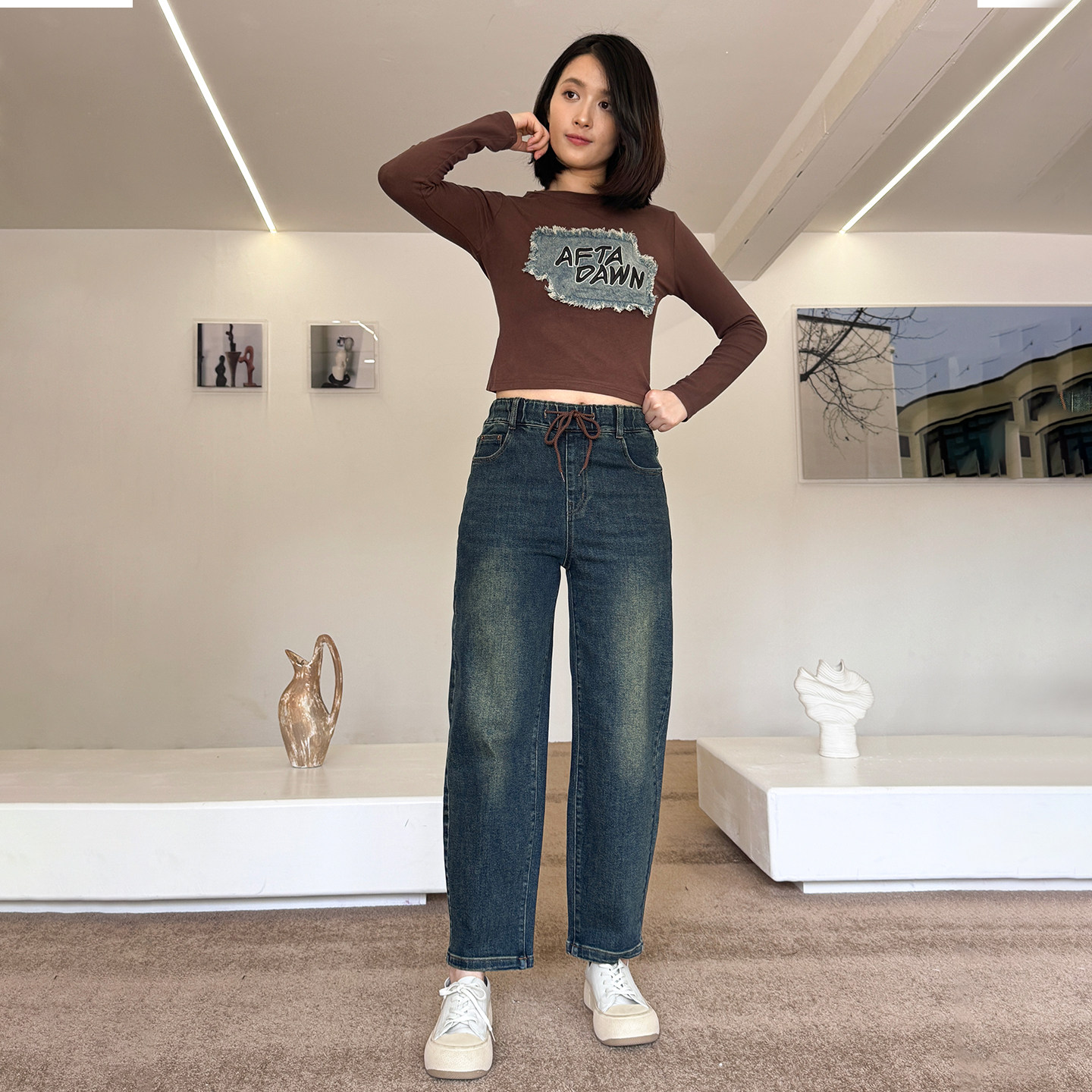 香依雅园 2025秋季新款胖MM大码百搭宽松显瘦蓝色牛仔哈伦裤5