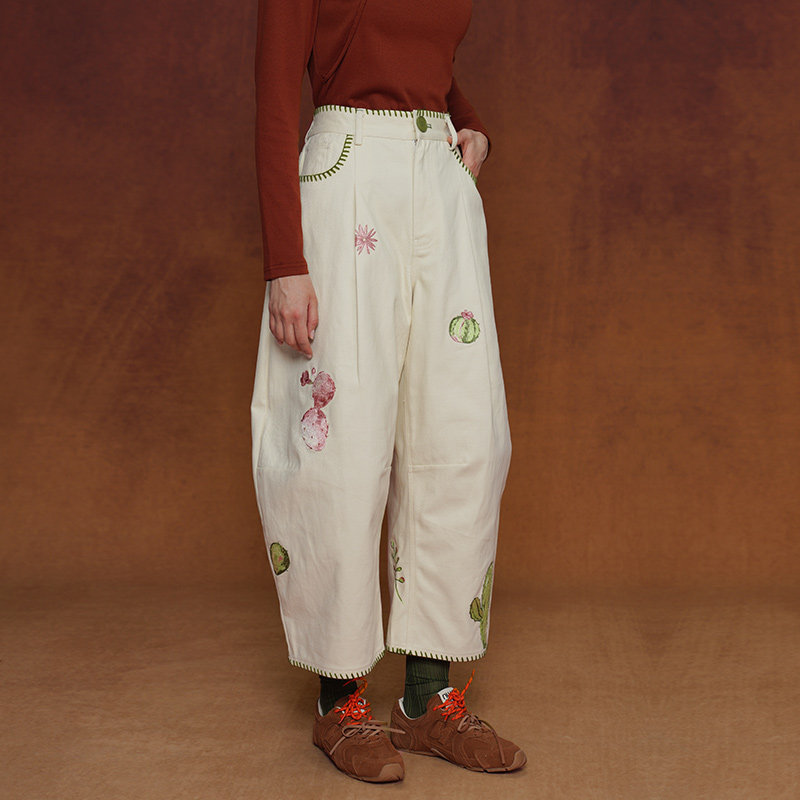 咖沫原创复古刺绣仙人掌休闲裤女 古巴比伦高腰直筒阔腿裤中性风
