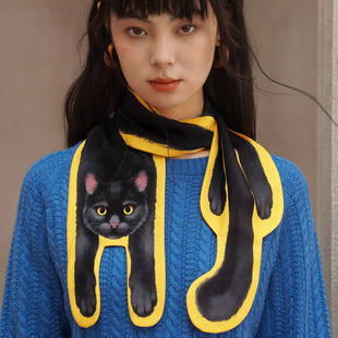 咖沫原创小黑猫印花丝巾丝滑亲肤女装 护颈亮黄色围巾 配饰领巾个性