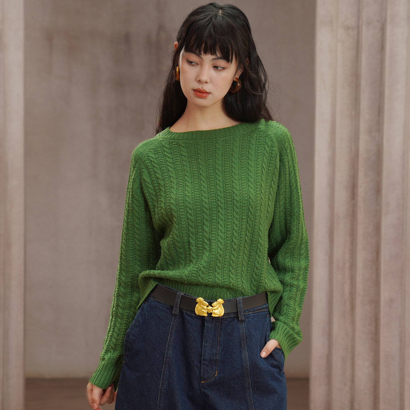 咖沫秋冬氛围感麻花纹复古毛衣羊毛混纺松弛慵懒风针织上衣保暖