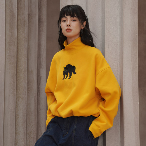 咖沫原创新品黑猫刺绣加绒卫衣