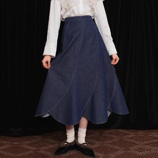 咖沫原创花瓣复古牛仔不规则剪裁半身裙 小众深蓝鱼尾裙优雅知性