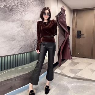 欧货2025新款秋季高腰显瘦仿皮裤拼接微喇涂层裤女休闲九分烟管裤