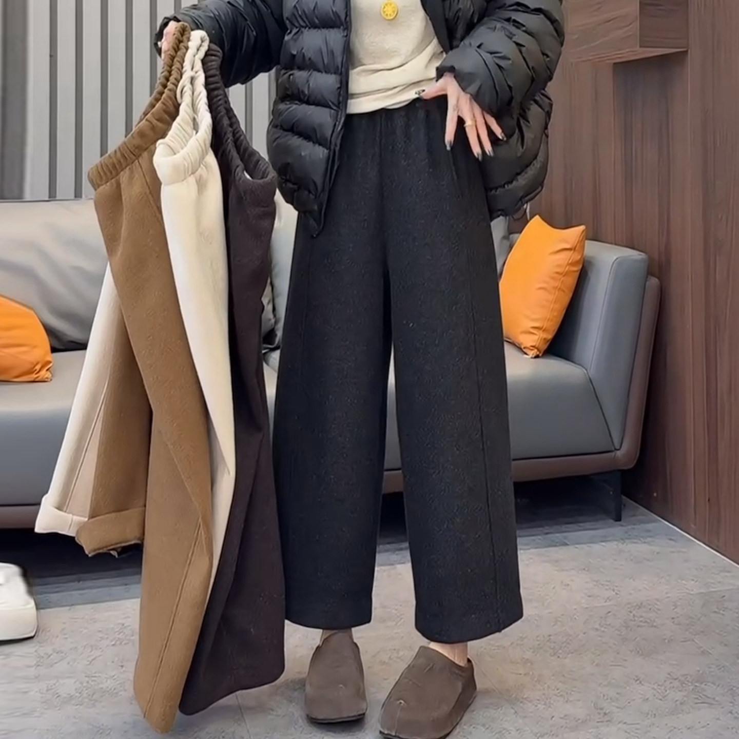 小个子穿搭加绒八分毛呢裤奶奶裤