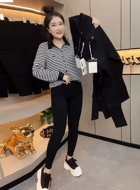 欧货黑色打底裤女外穿2024新款春季紧身高腰弹力铅笔裤小脚黑裤子