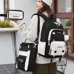 高颜值黑白简约书包女生三到四五六年级女孩初中生多层大容量双肩