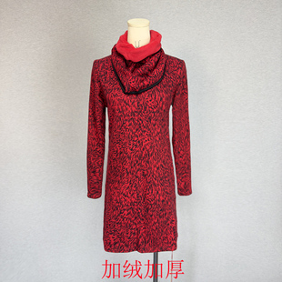 高弹力加绒保暖卫衣绒衫中长款送围脖修身包臀打底裙衫女品牌撤柜