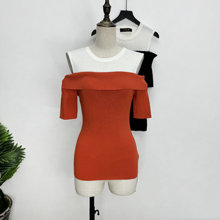 橘红色露肩毛织衫夏季款紧身收腰显瘦时尚设计感套头纯欲风打底衫