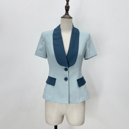 小个子西装短外套浅蓝色夏季短袖酒店工作服职业通勤上衣薄款西服