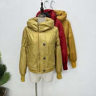 短款棉衣长袖鹅黄色2023冬新款直筒棉服外套半高领酒红色围脖棉袄