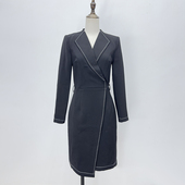 春秋薄款 中长裙子 收腰显瘦西装 黑色针织包臀裙气质名媛风格 九分袖