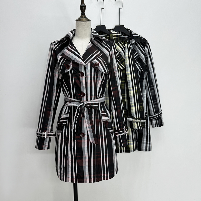双排扣薄风衣黑白格子中长款长袖欧美风外贸出口系腰带墨绿外套女