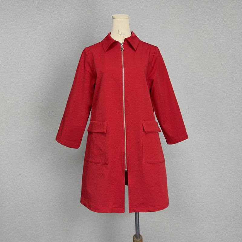 红色薄风衣外套七分袖直筒宽松大板型春秋新款加大加肥外套中长款