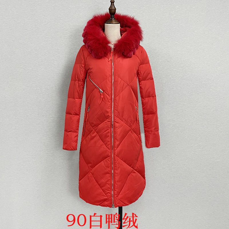 红色90白鸭绒羽绒服长款过膝超厚保暖品牌高档连帽真毛领羽绒外套
